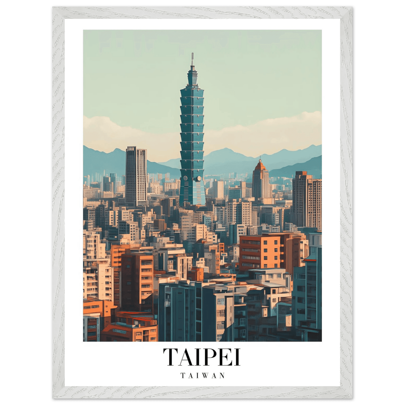 Taipei Taiwan Cityscape Framed Poster – Modern Retro Travel Art with Wooden Frame Options - Vibrantwalls