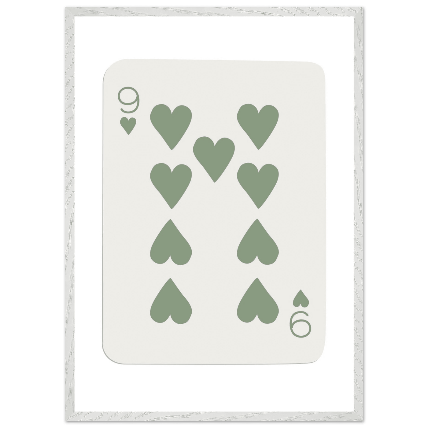 Minimalist Nine of Hearts Poker Card Print - Mounted Framed Wall Art, Sage Green Boho Decor, Eco-Friendly Wood Frame - Vibrantwalls