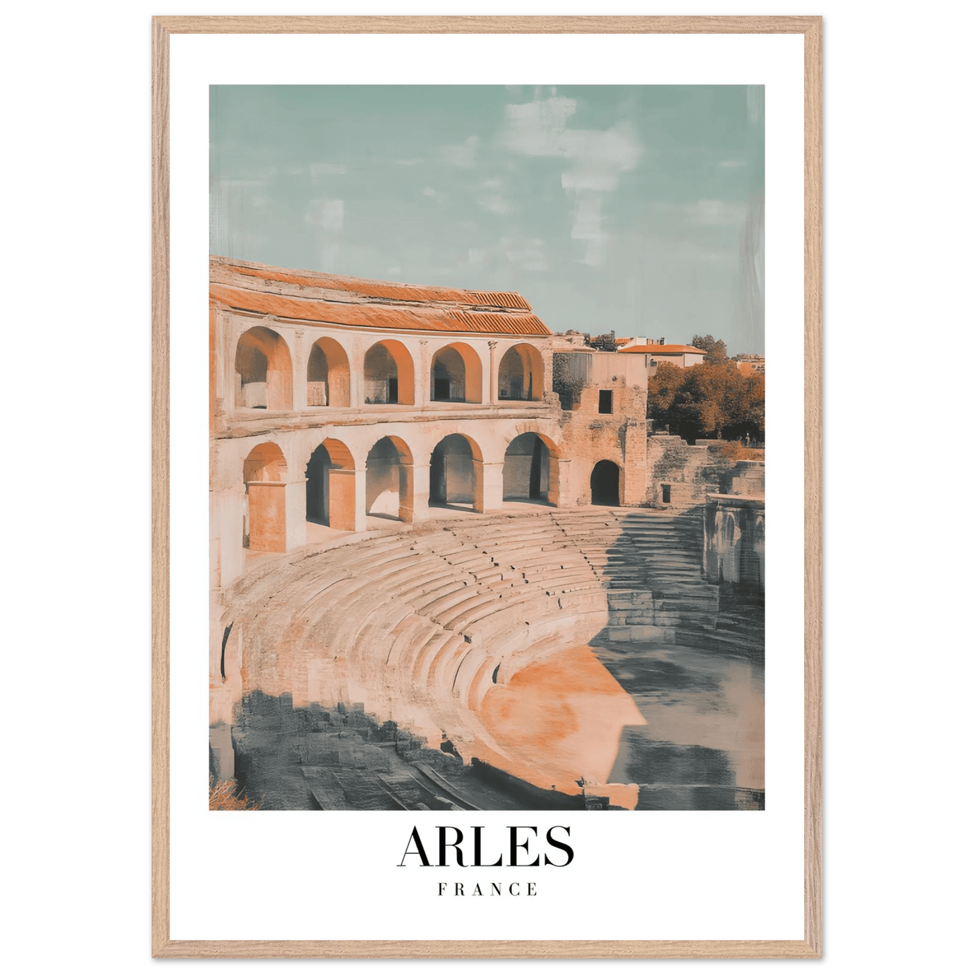 Arles France Amphitheater Framed Poster – Vintage Travel Wall Art with Wooden Frame and Serene Palette - Vibrantwalls