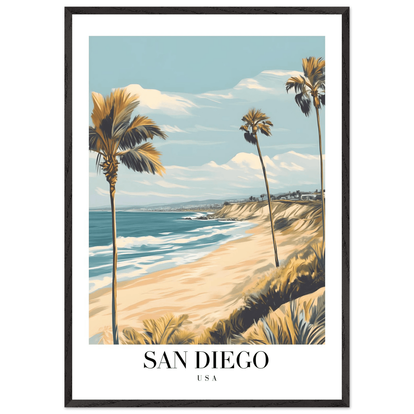 San Diego USA Framed Poster – Vintage Beach Travel Wall Art with Wooden Frame in Your Choice of Size and Finish - Vibrantwalls