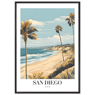 San Diego USA Framed Poster – Vintage Beach Travel Wall Art with Wooden Frame in Your Choice of Size and Finish - Vibrantwalls