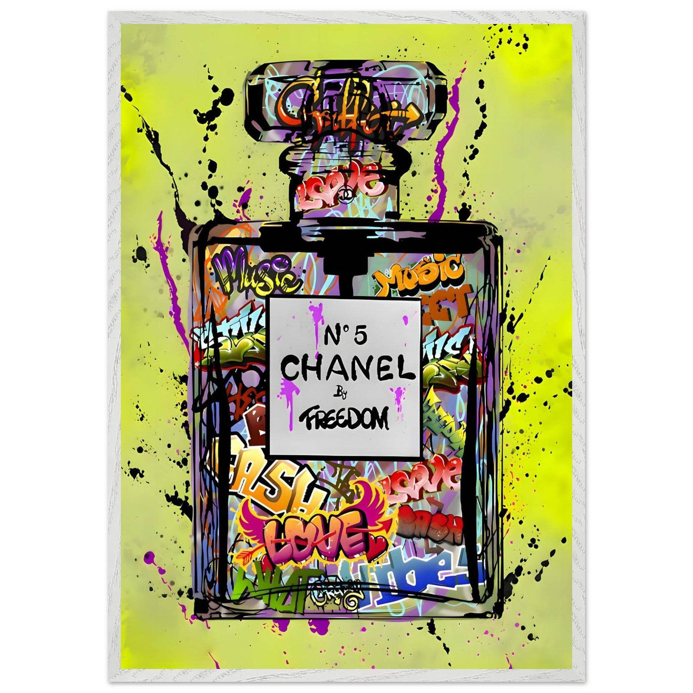 Coco Chanel No. 5 Graffiti Art Print - Vibrant Street Style Perfume Bottle Framed Wall Art - Vibrantwalls