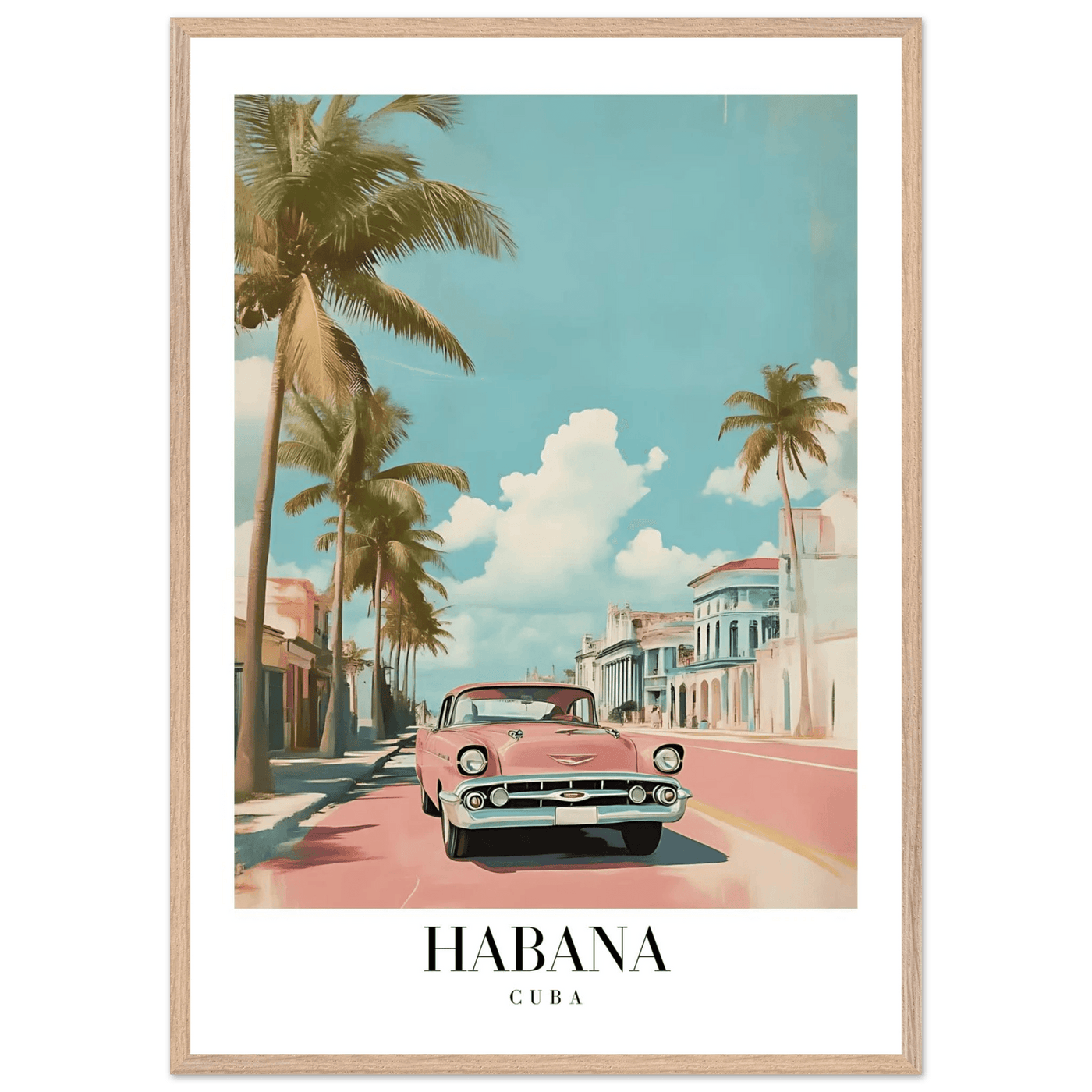 Habana Cuba Framed Poster – Vintage Pink Car Travel Art with Wooden Frame - Vibrantwalls