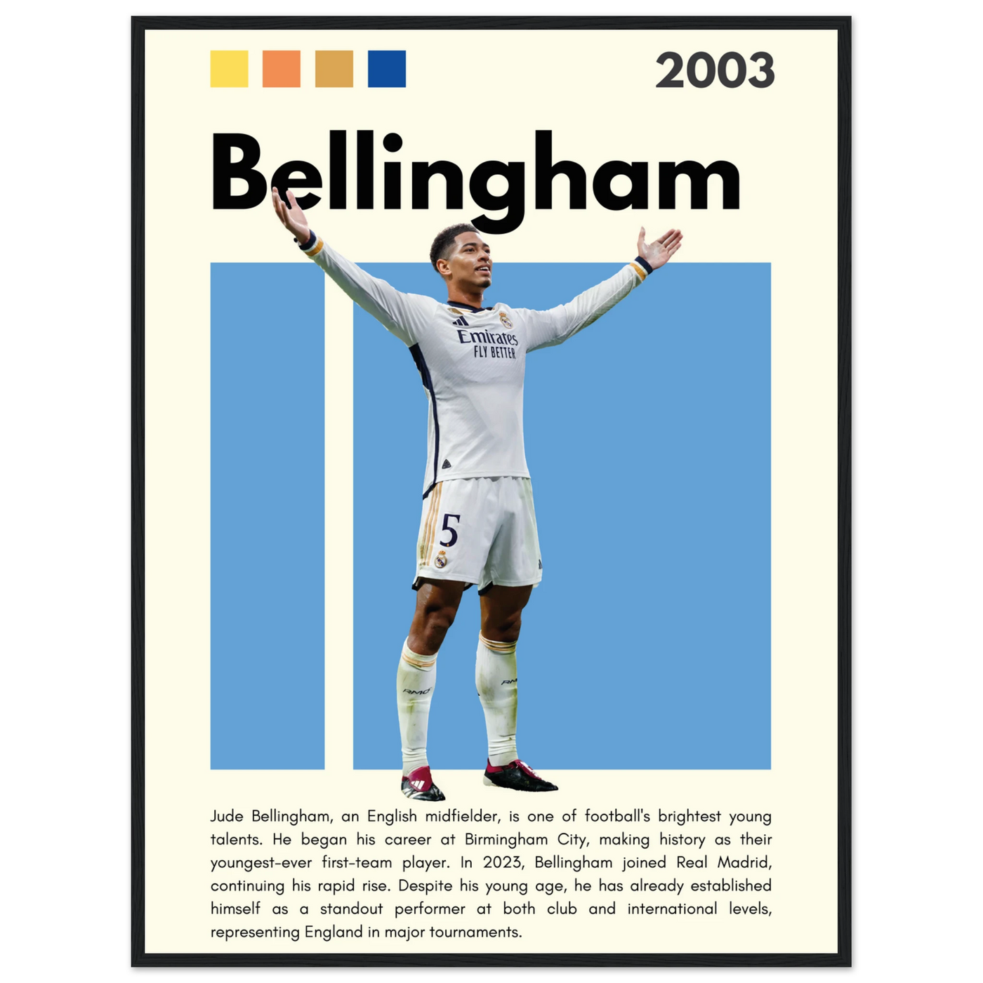 Jude Bellingham Real Madrid Football Poster – Modern Pop Art Print in Your Choice of Frame 60x80 cm 24x32″ Black frame Vibrantwalls