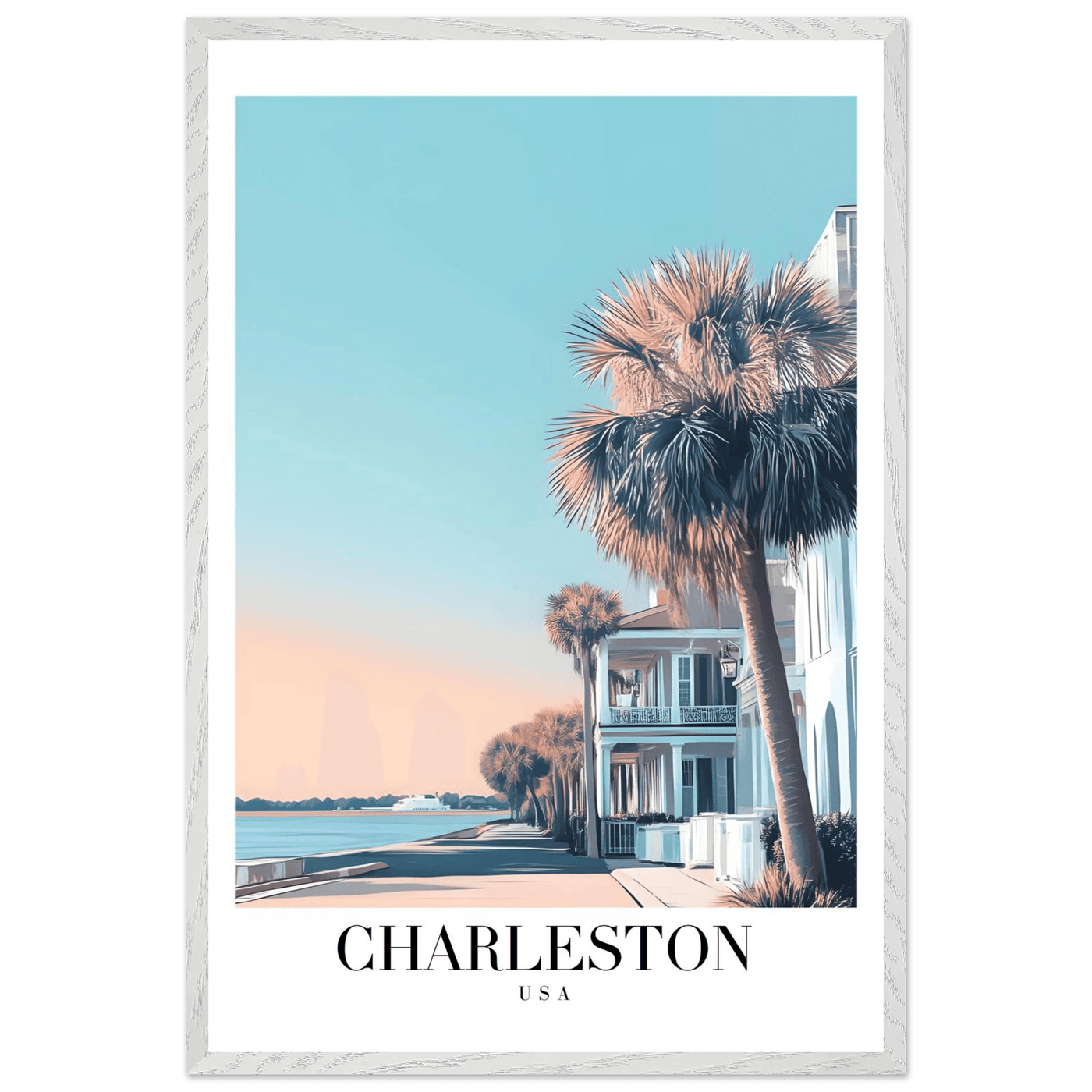 Charleston USA Framed Poster – Coastal Vintage Wall Art with Wooden Frame and Serene Sunset Hues - Vibrantwalls
