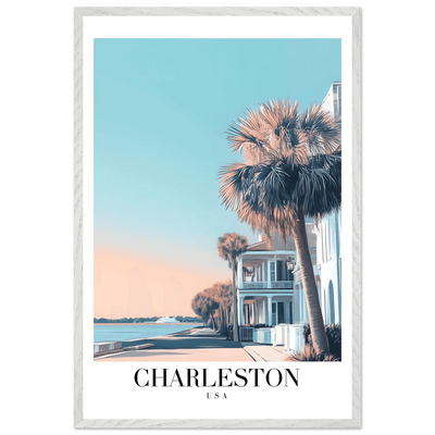 Charleston USA Framed Poster – Coastal Vintage Wall Art with Wooden Frame and Serene Sunset Hues - Vibrantwalls