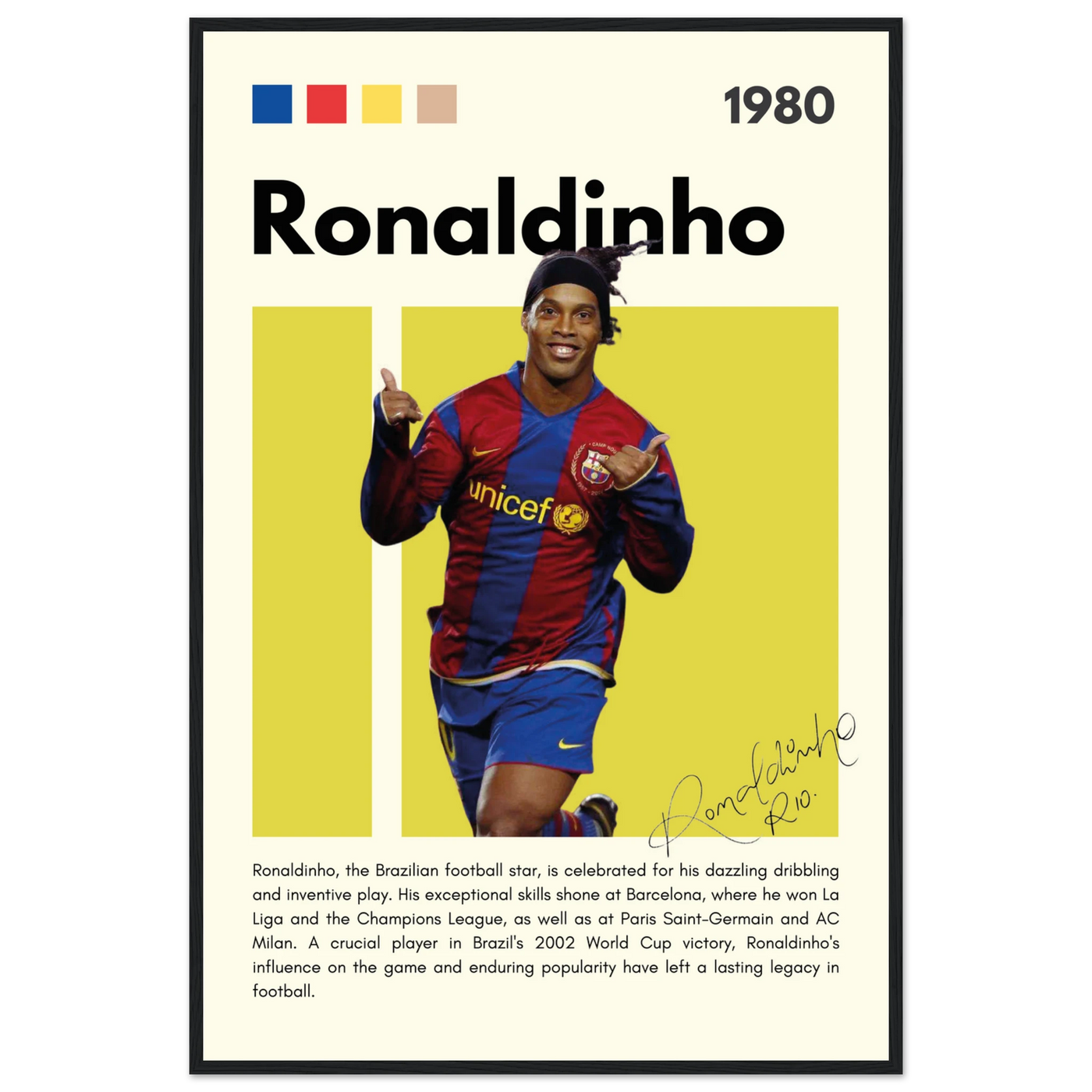 Ronaldinho Barcelona Football Legend Framed Brazil Poster 60x90 cm 24x36″ Black frame Vibrantwalls