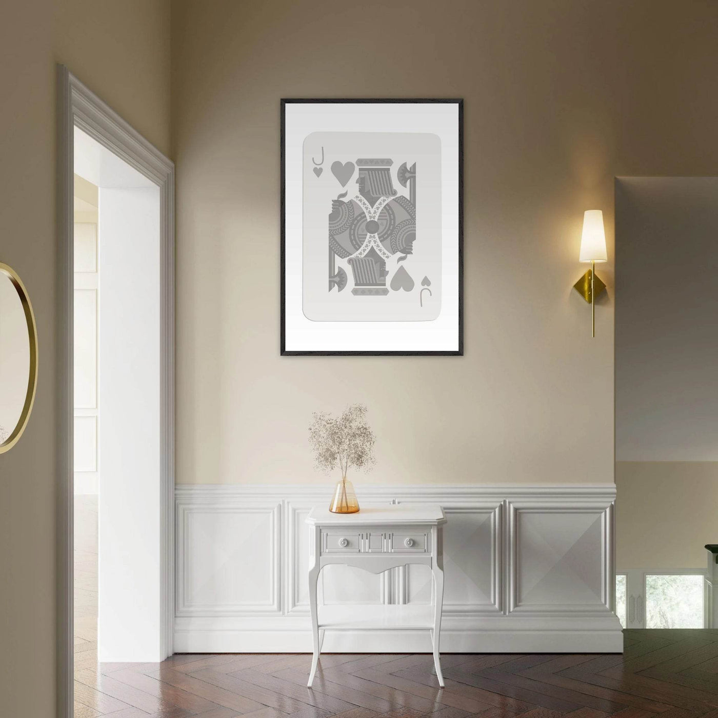 Jack of Hearts Poker Card Print - Minimalist Grey & White Art - Framed Poster, Eco-Friendly Wood - Vibrantwalls