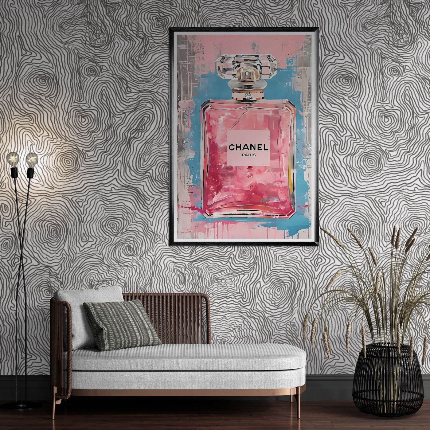 Coco Mademoiselle Chanel Art Print - Pink & Blue Pop Art Style Framed Poster - Vibrantwalls