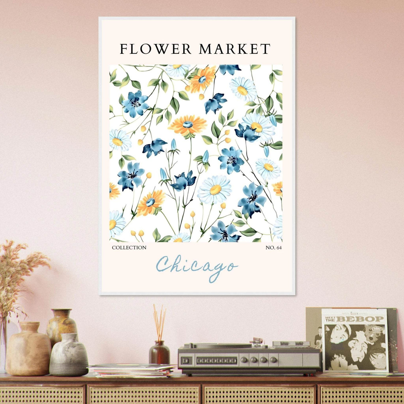 Flower Market Chicago Collection Framed Poster – Whimsical Blue & Yellow Floral Art Print | Ready-to-Hang - Vibrantwalls