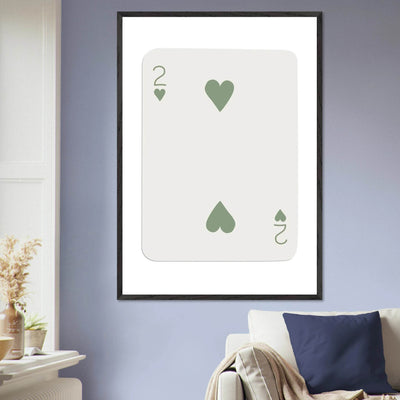 Minimalist Two of Hearts Poker Card Print - Sage Green & Cream Framed Art for Modern Decor, Eco Wood Frame - Vibrantwalls