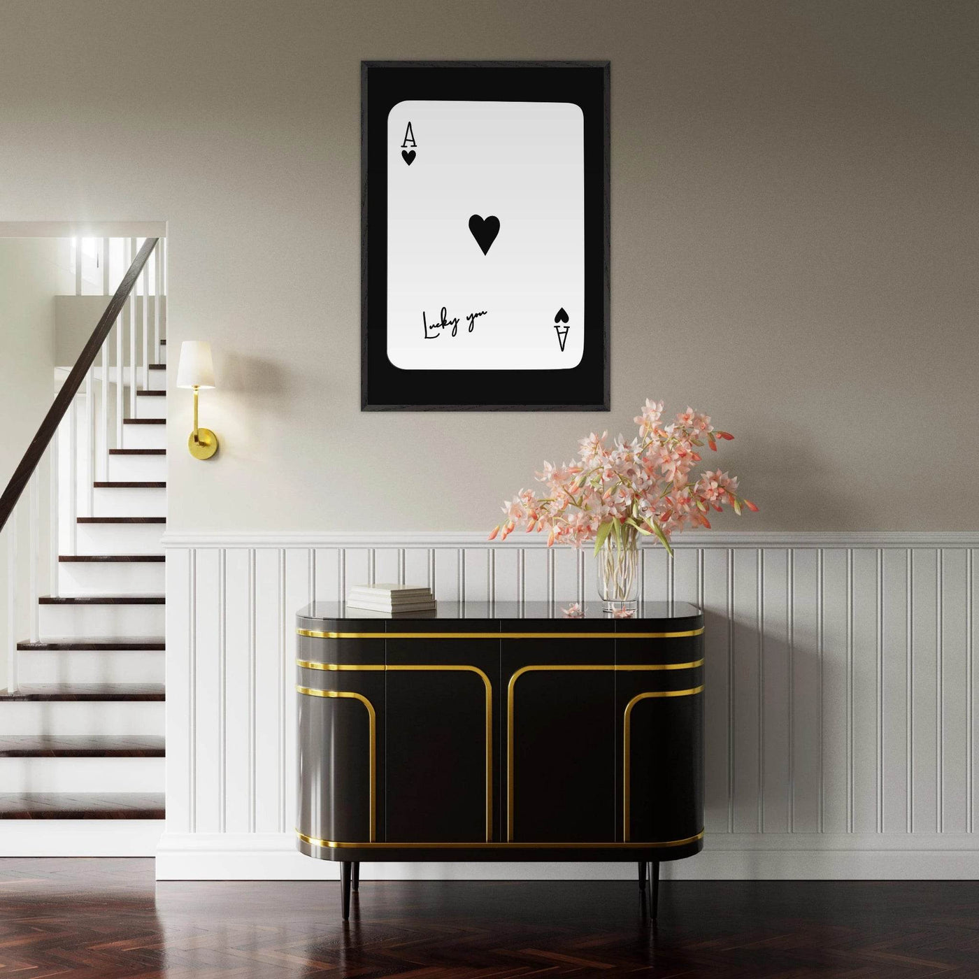 Ace of Hearts 'Lucky You' Framed Poker Card Art - Modern Black & White Print, Eco-Friendly Wood Frame - Vibrantwalls