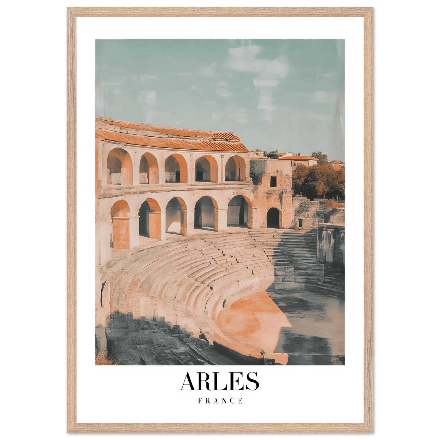 Arles France Amphitheater Framed Poster – Vintage Travel Wall Art with Wooden Frame and Serene Palette - Vibrantwalls