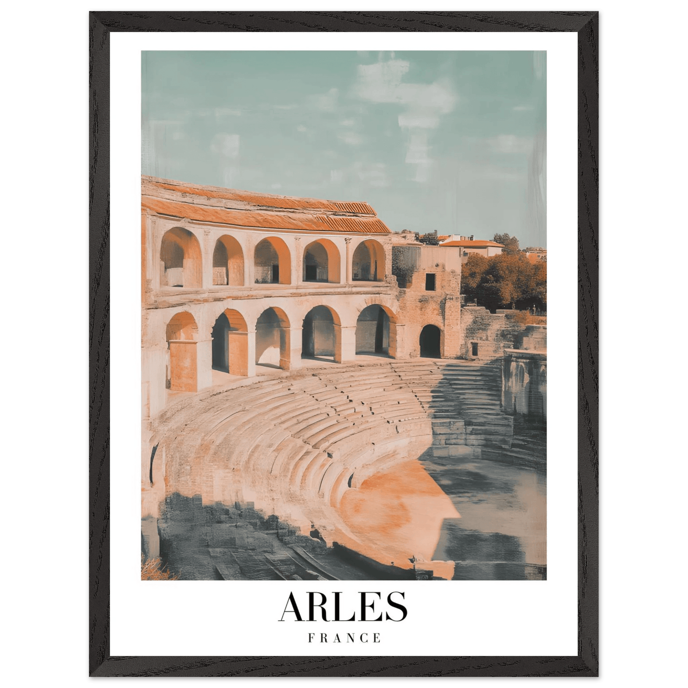 Arles France Amphitheater Framed Poster – Vintage Travel Wall Art with Wooden Frame and Serene Palette - Vibrantwalls