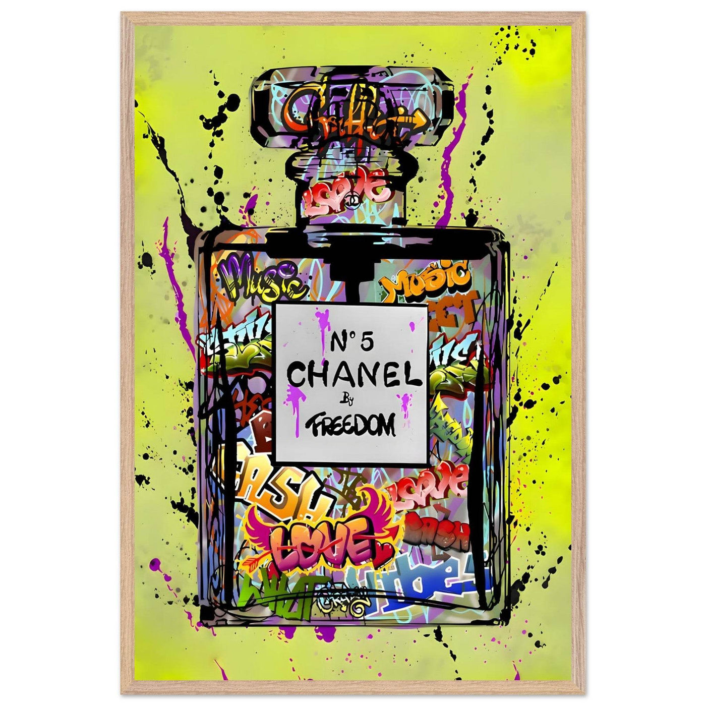 Coco Chanel No. 5 Graffiti Art Print - Vibrant Street Style Perfume Bottle Framed Wall Art - Vibrantwalls