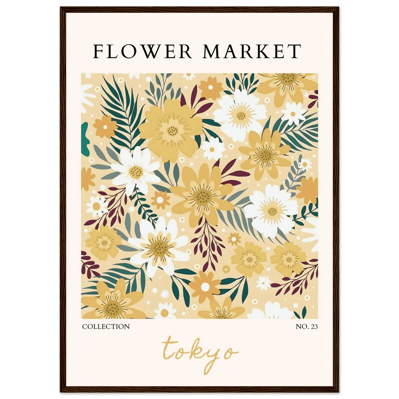 Tokyo Flower Market Framed Poster – Botanical Golden & White Floral Print | Ready-to-Hang Wall Art - Vibrantwalls