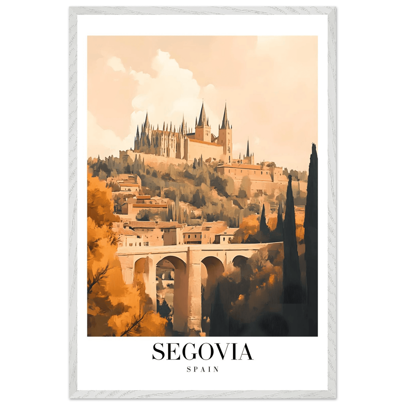 Segovia Spain Framed Poster – Vintage Travel Art with Warm Hues & Wooden Frame - Vibrantwalls