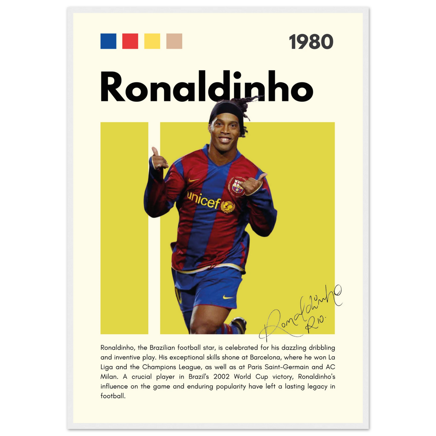 Ronaldinho Barcelona Football Legend Framed Brazil Poster A1 (59.4 x 84.1 cm) White frame Vibrantwalls
