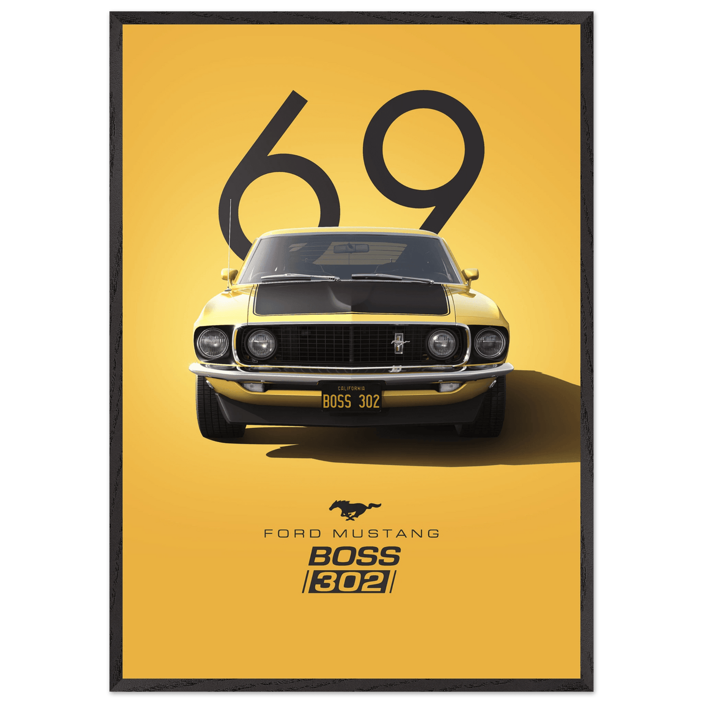 1969 Ford Mustang Boss 302 '69 - Iconic Yellow Framed Poster | Ready-to-Hang, Premium Art Print - Vibrantwalls