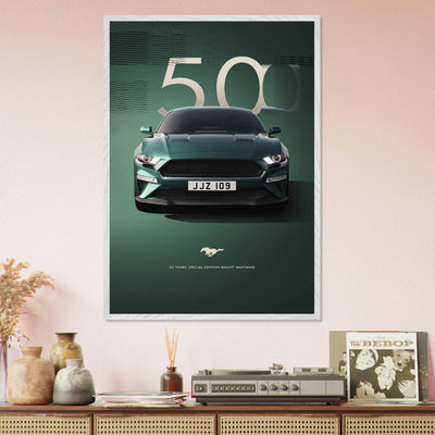 1968 Bullitt Mustang GT - 50th Anniversary Framed Poster | Iconic Dark Highland Green, Ready-to-Hang Wall Art - Vibrantwalls