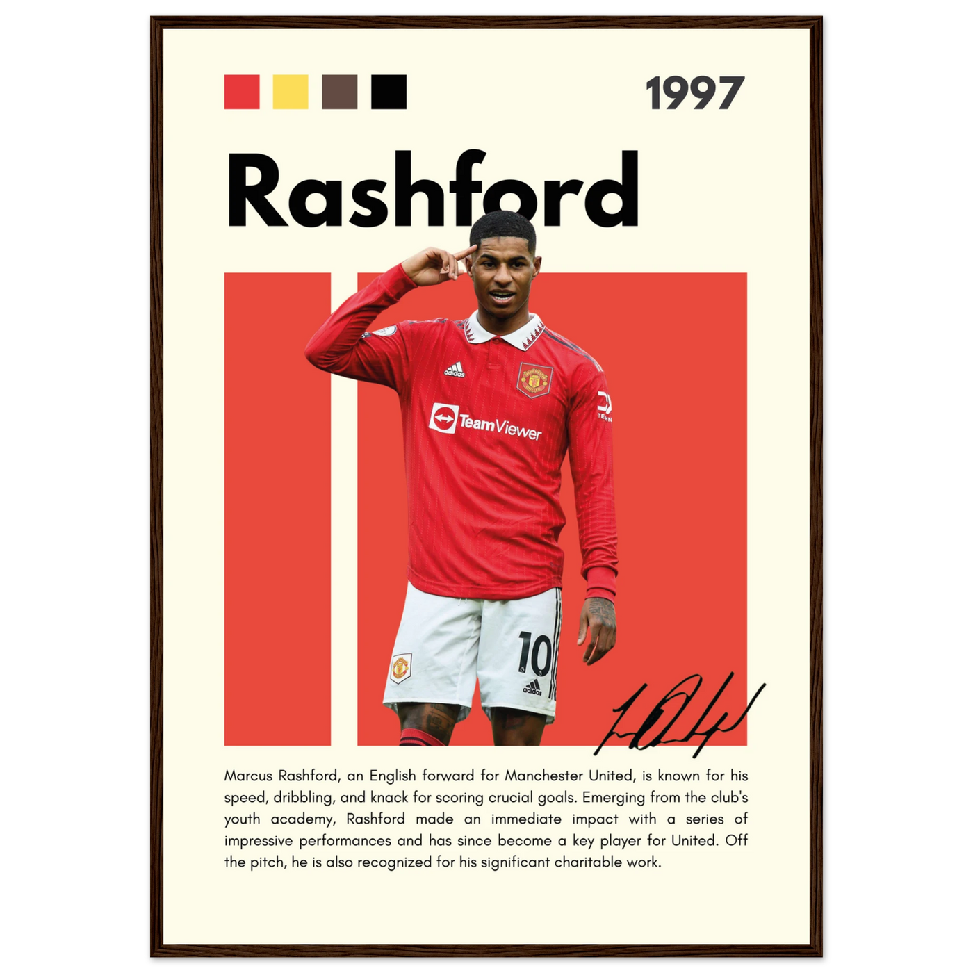 Marcus Rashford Manchester United Soccer Framed Poster – Iconic Red Devil Art Print A1 (59.4 x 84.1 cm) Dark wood frame Vibrantwalls