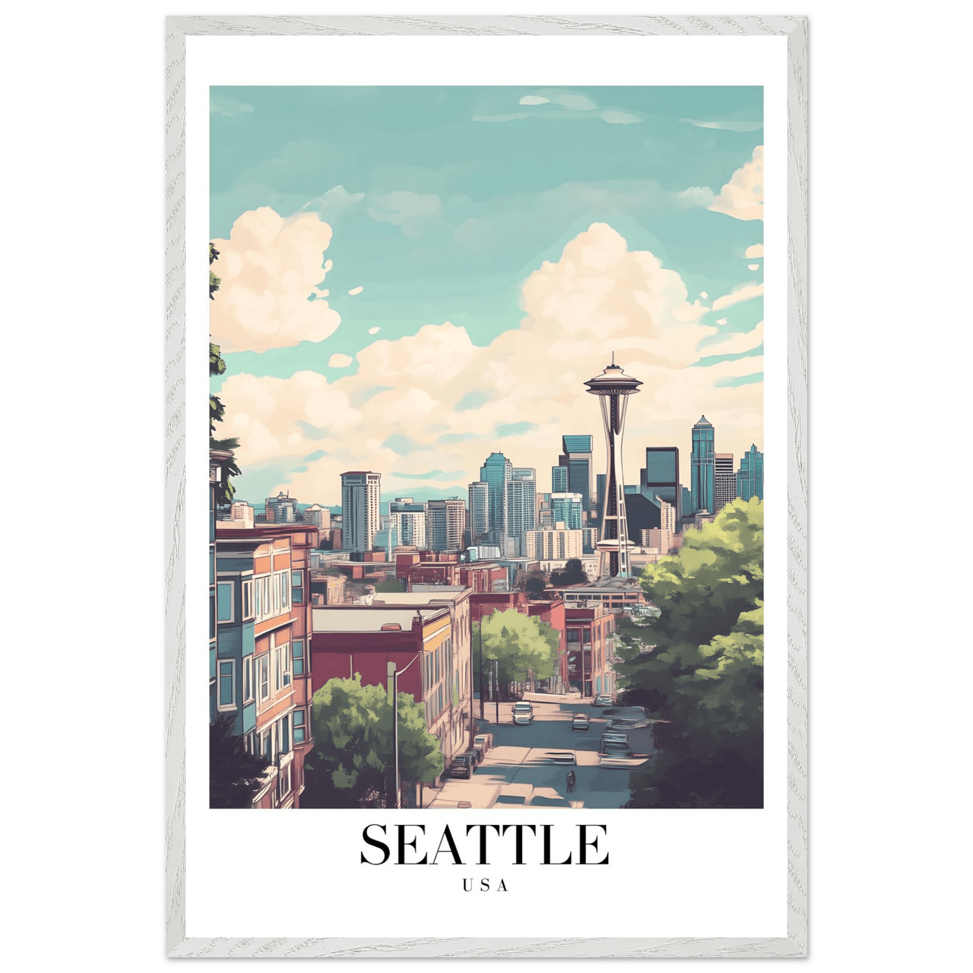 Seattle USA Framed Poster – Charming Watercolor Cityscape Wall Art with Wooden Frame - Vibrantwalls