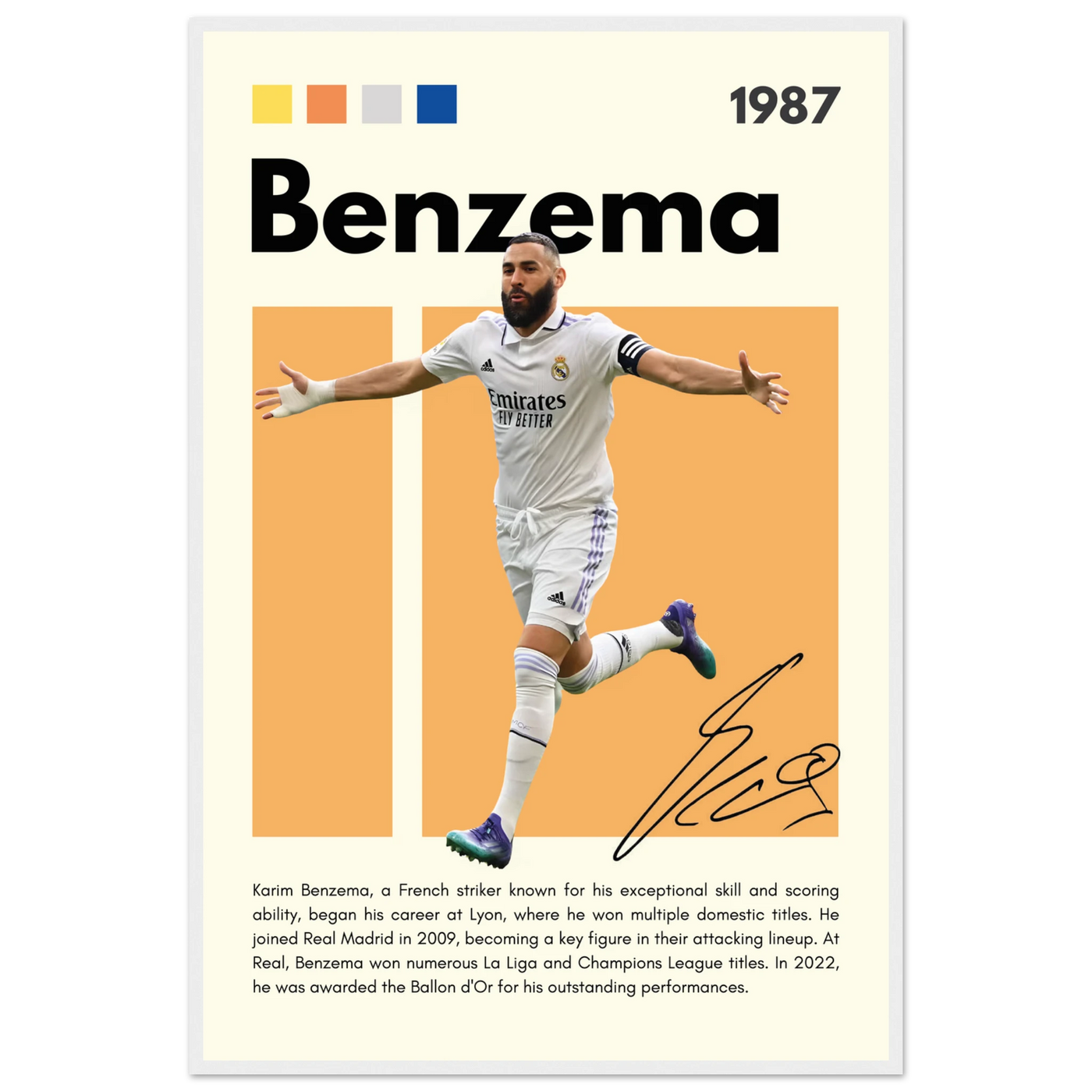 Karim Benzema Real Madrid Soccer Framed Poster – Modern Football Art Print with Signature Detail 60x90 cm 24x36″ White frame Vibrantwalls