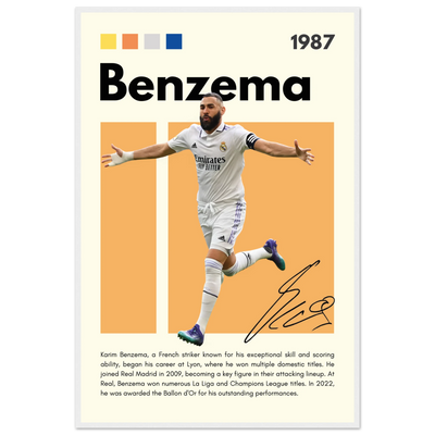 Karim Benzema Real Madrid Soccer Framed Poster – Modern Football Art Print with Signature Detail 60x90 cm 24x36″ White frame Vibrantwalls