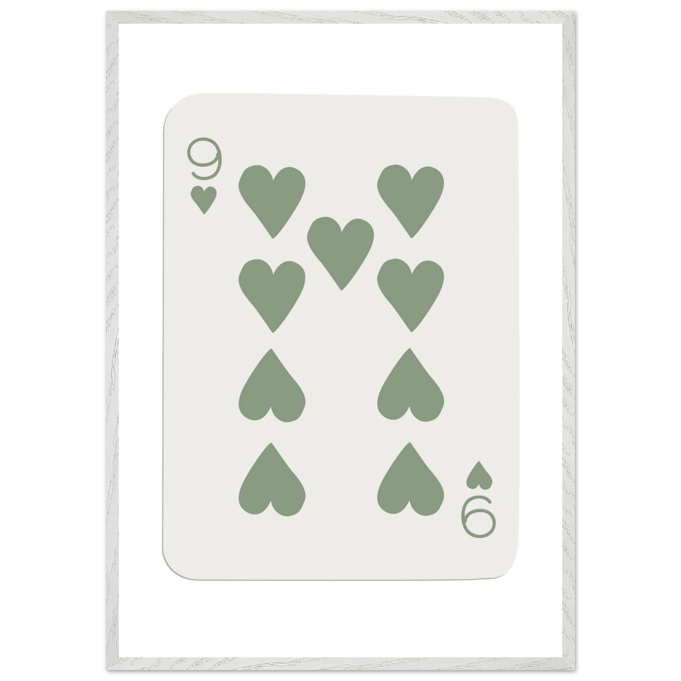 Minimalist Nine of Hearts Poker Card Print - Mounted Framed Wall Art, Sage Green Boho Decor, Eco-Friendly Wood Frame - Vibrantwalls