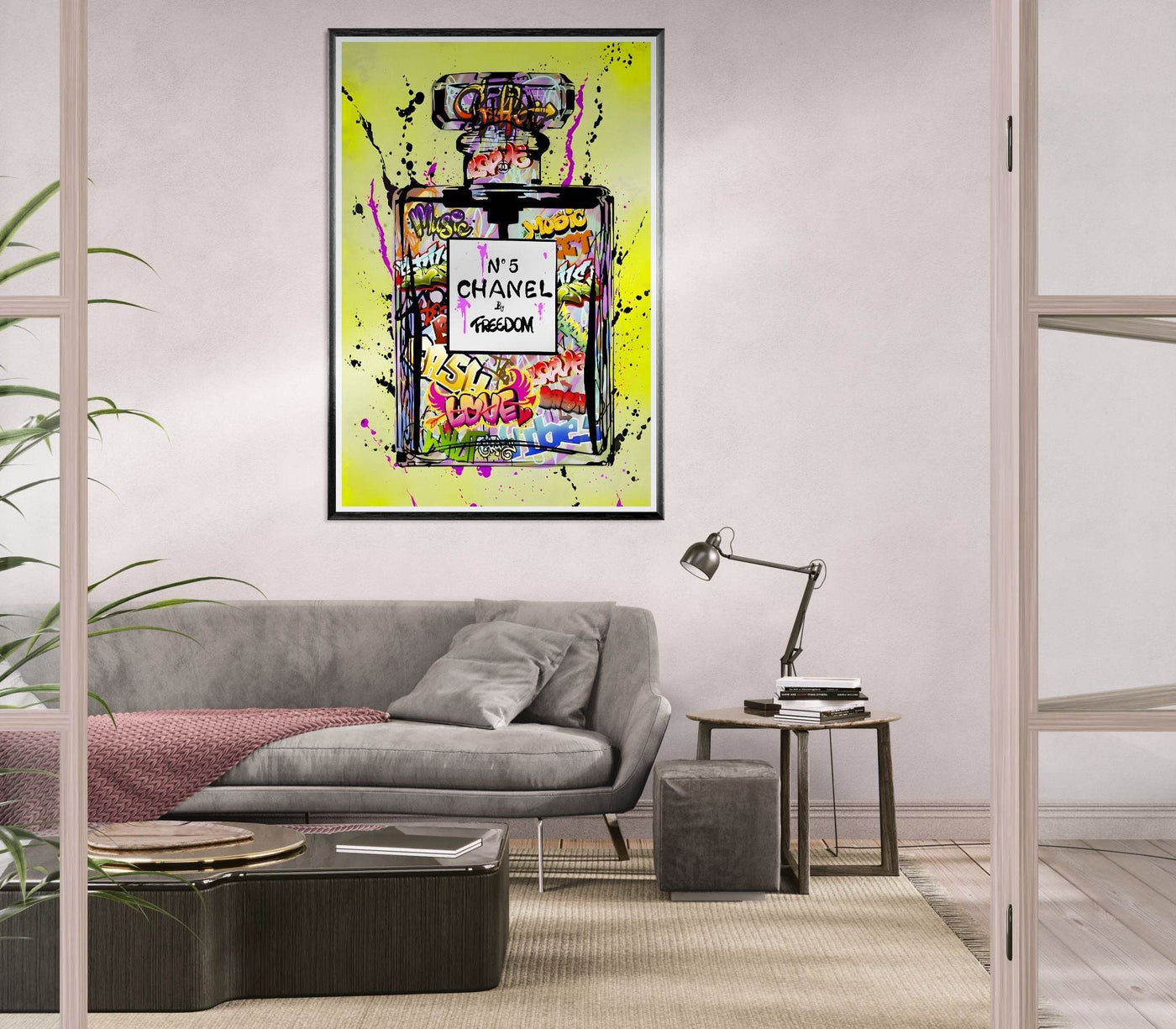 Coco Chanel No. 5 Graffiti Art Print - Vibrant Street Style Perfume Bottle Framed Wall Art - Vibrantwalls