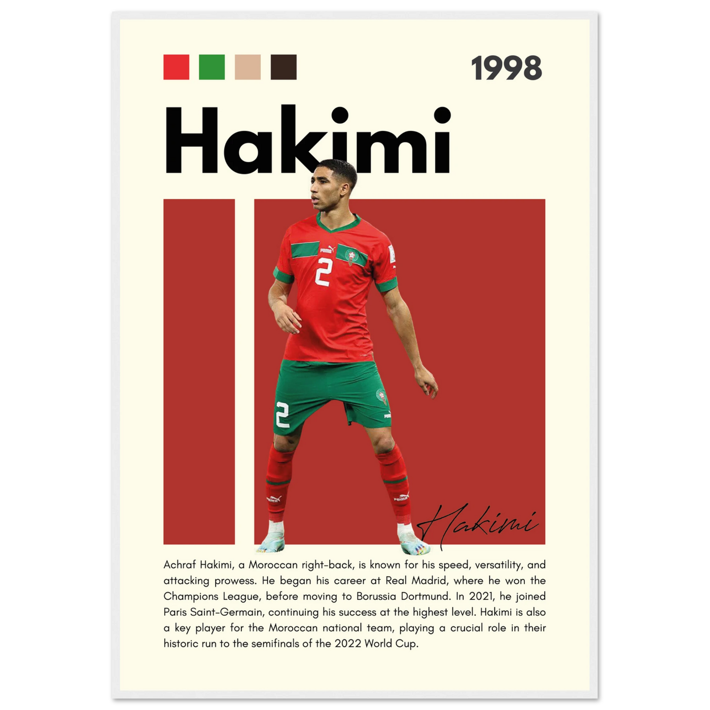 Achraf Hakimi Morocco Framed Football Legend Poster 70x100 cm 28x40″ White frame Vibrantwalls