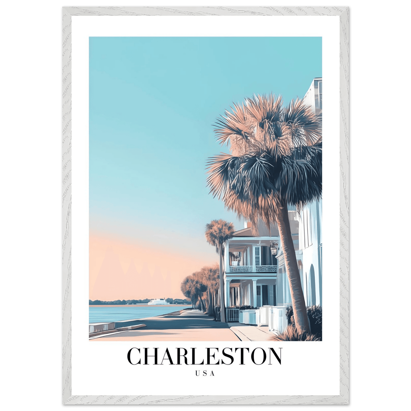 Charleston USA Framed Poster – Coastal Vintage Wall Art with Wooden Frame and Serene Sunset Hues - Vibrantwalls