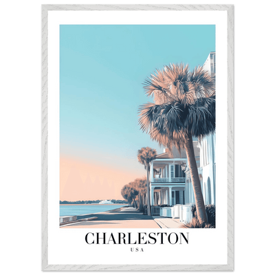 Charleston USA Framed Poster – Coastal Vintage Wall Art with Wooden Frame and Serene Sunset Hues - Vibrantwalls