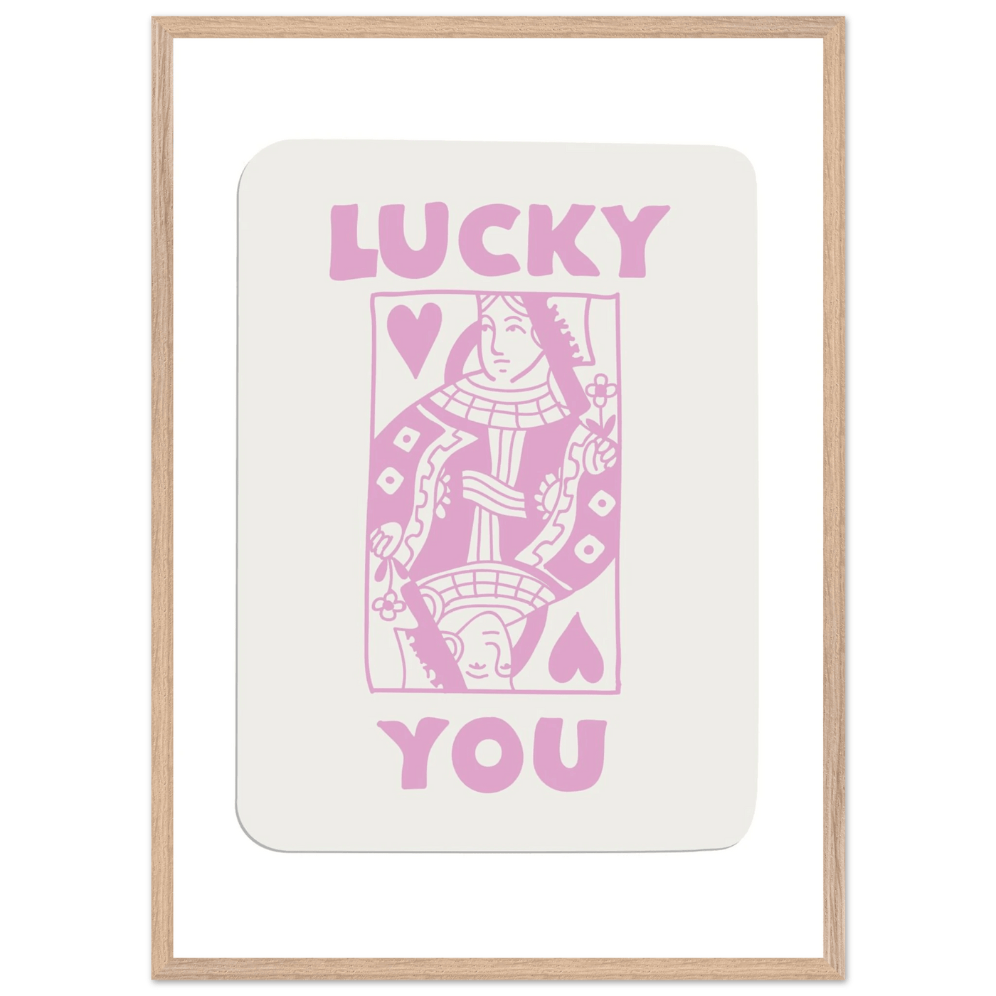 Lucky You Poker Card Art Print - Queen of Hearts Framed Poster, Pink & Cream Aesthetic Decor - Vibrantwalls