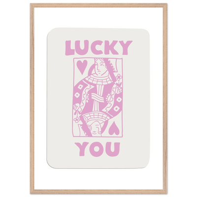 Lucky You Poker Card Art Print - Queen of Hearts Framed Poster, Pink & Cream Aesthetic Decor - Vibrantwalls