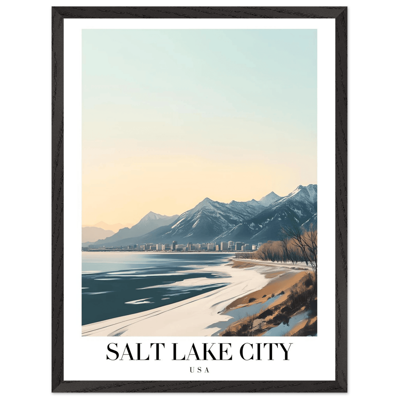 Salt Lake City Framed Poster – Modern Winter Landscape Art with Wood Frame - Vibrantwalls