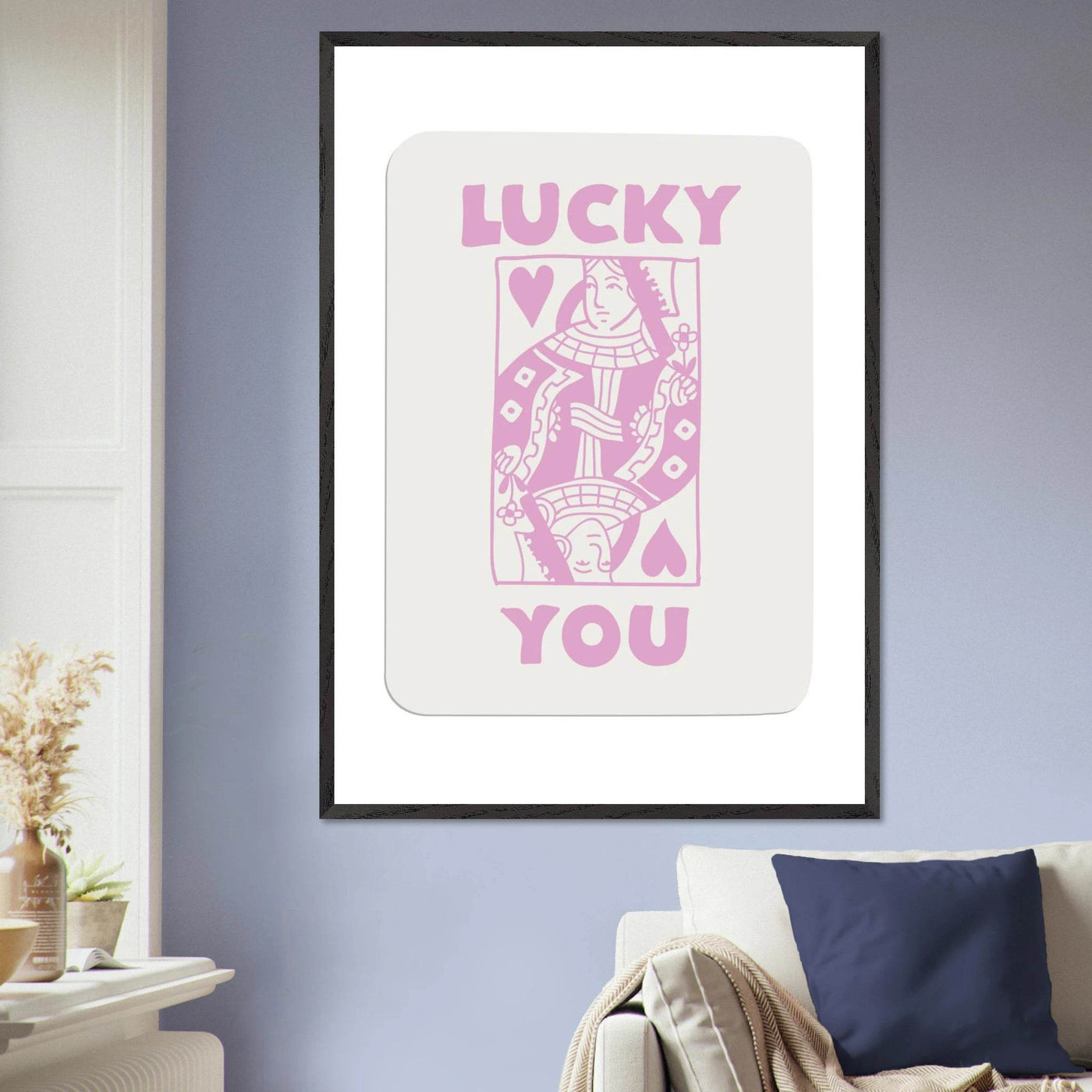 Lucky You Poker Card Art Print - Queen of Hearts Framed Poster, Pink & Cream Aesthetic Decor - Vibrantwalls