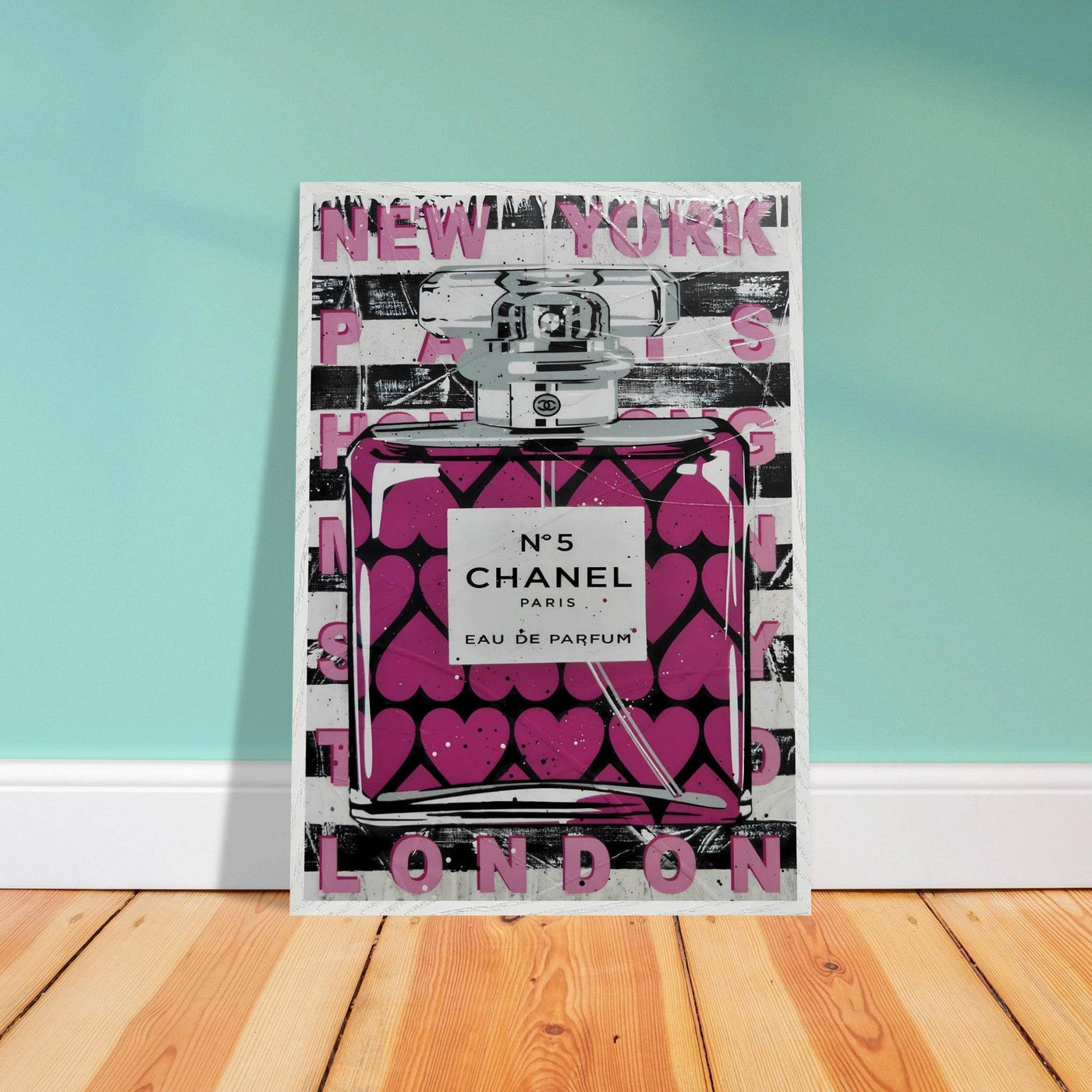 Chanel No. 5 Pink Hearts Pop Art Print in Premium Mounted Frame - Vibrantwalls