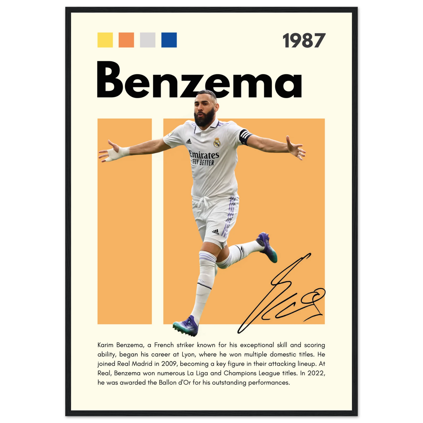 Karim Benzema Real Madrid Soccer Framed Poster – Modern Football Art Print with Signature Detail A1 (59.4 x 84.1 cm) Black frame Vibrantwalls