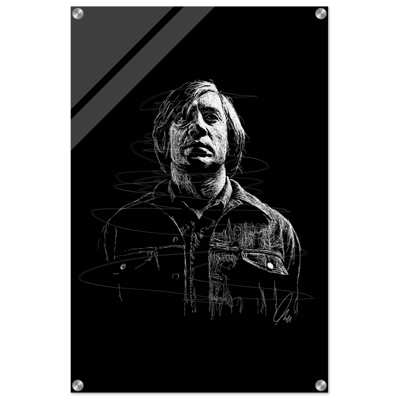 Javier Bardem in No Country for Old Men – Iconic Scrawl Art Acrylic Print - Vibrantwalls