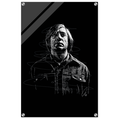Javier Bardem in No Country for Old Men – Iconic Scrawl Art Acrylic Print - Vibrantwalls