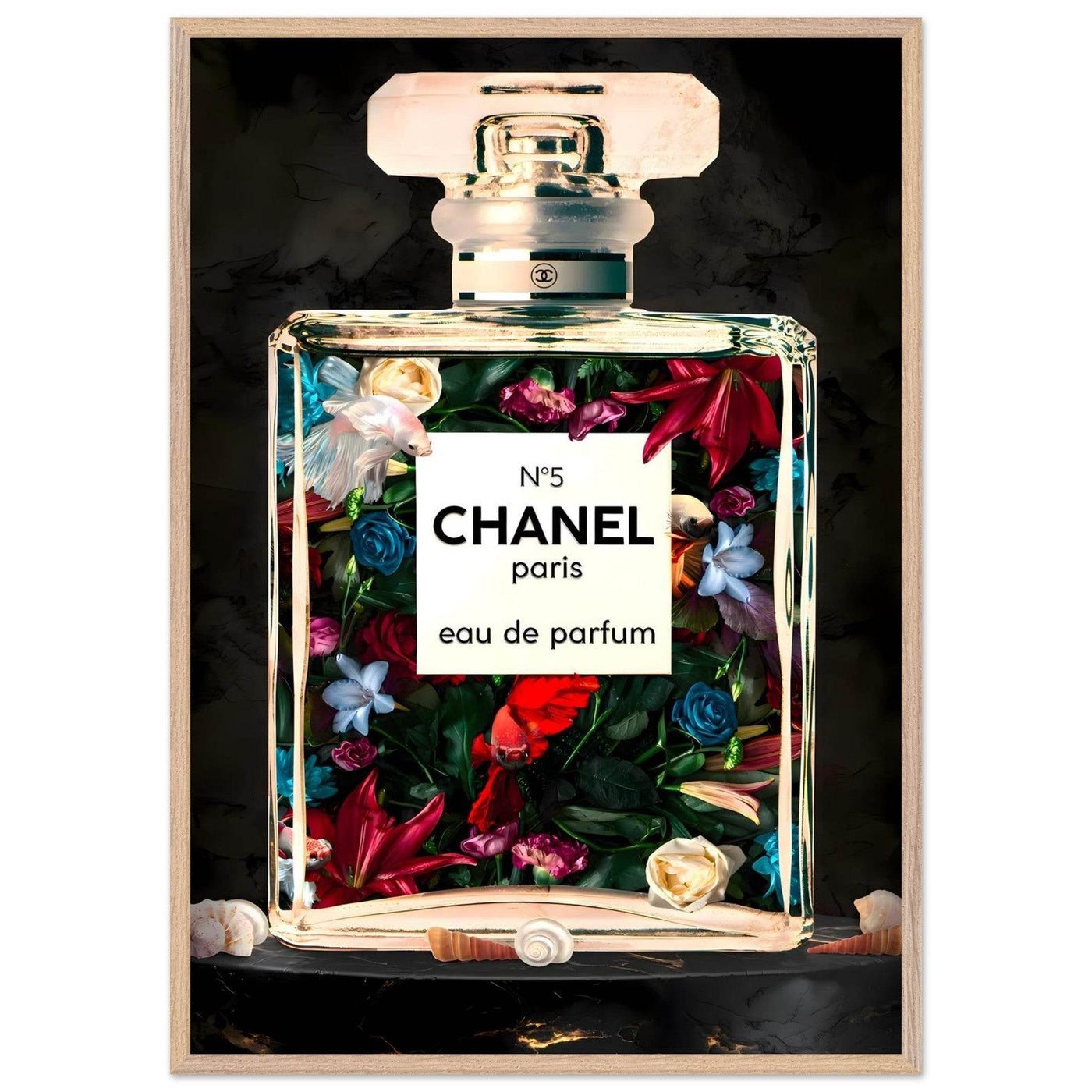 Chanel No. 5 Floral Fantasy Framed Art Print: A Timeless Blend of Iconic Fragrance and Vibrant Botanicals - Vibrantwalls