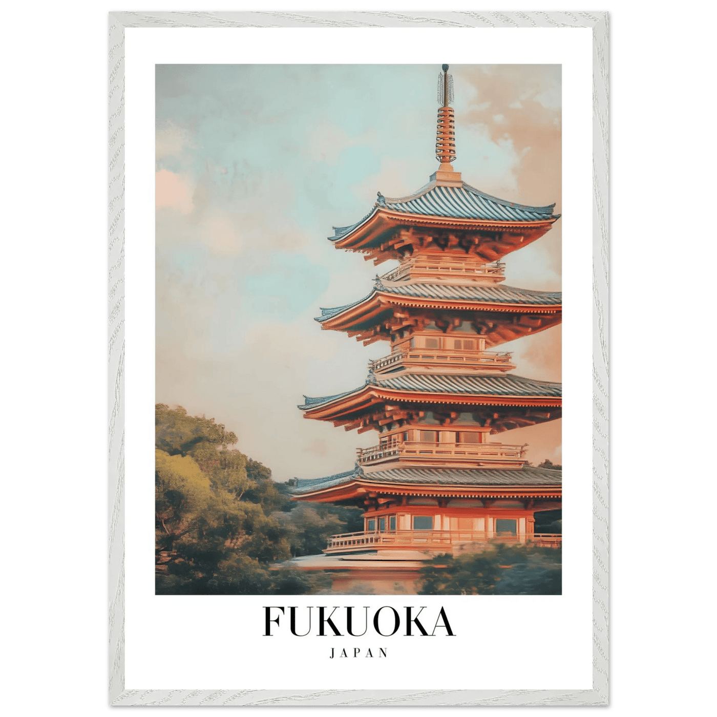 Fukuoka Japan Vintage Pagoda Framed Poster – Serene Travel Wall Art with Wooden Frame - Vibrantwalls