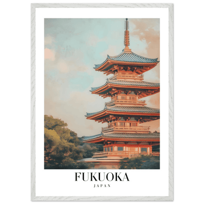 Fukuoka Japan Vintage Pagoda Framed Poster – Serene Travel Wall Art with Wooden Frame - Vibrantwalls