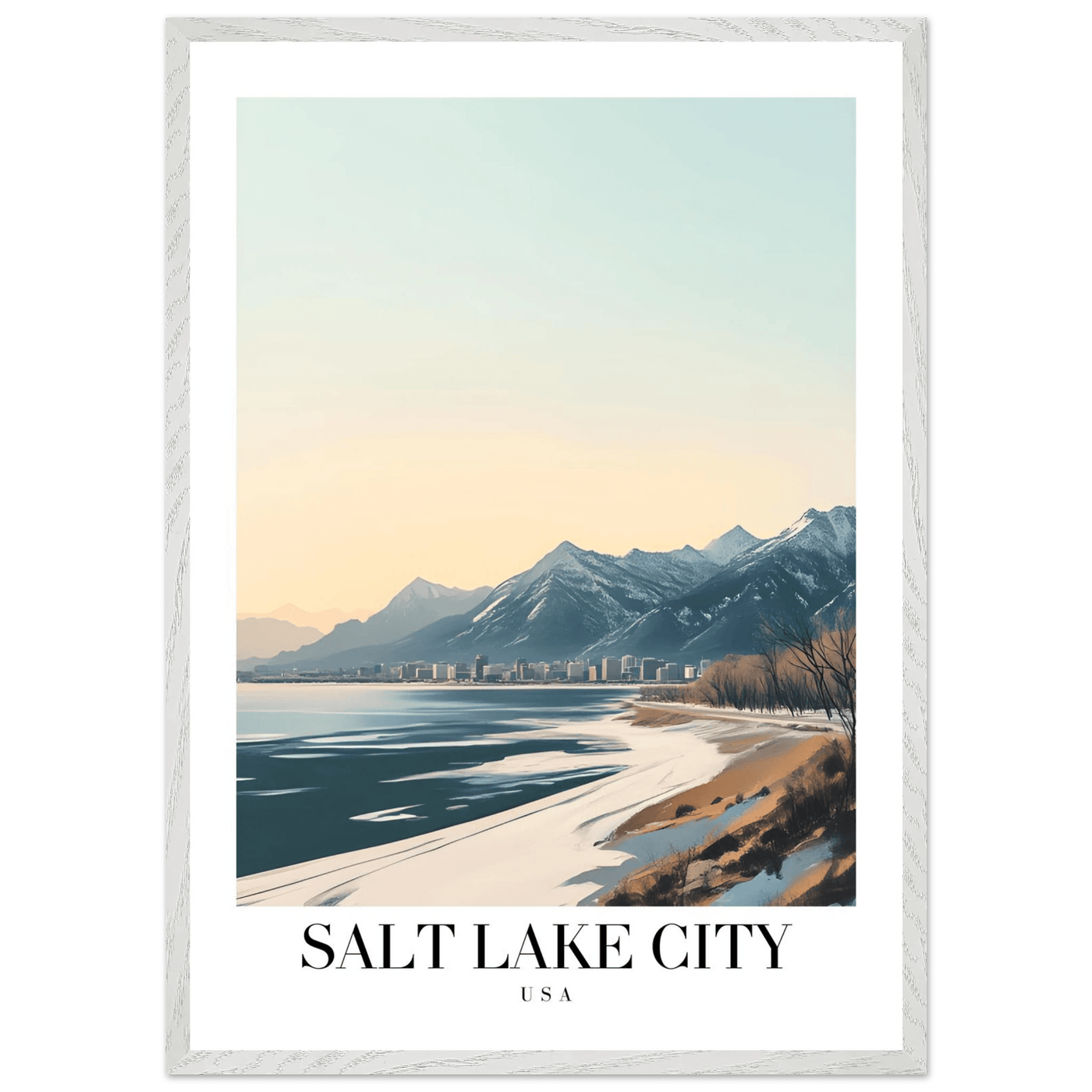 Salt Lake City Framed Poster – Modern Winter Landscape Art with Wood Frame - Vibrantwalls