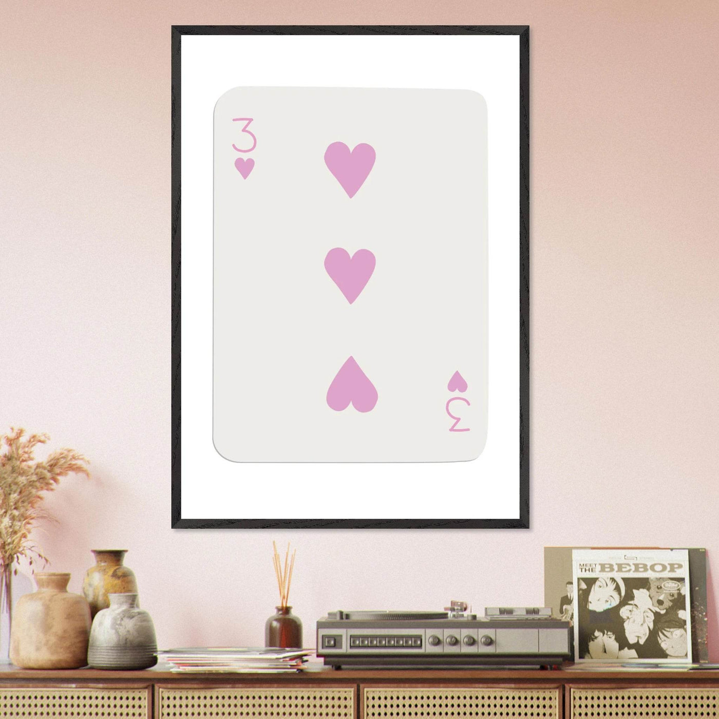 Three of Hearts Poker Card Print - Soft Pink Mounted Framed Poster Art, Eco-Friendly Wood Frame - Vibrantwalls