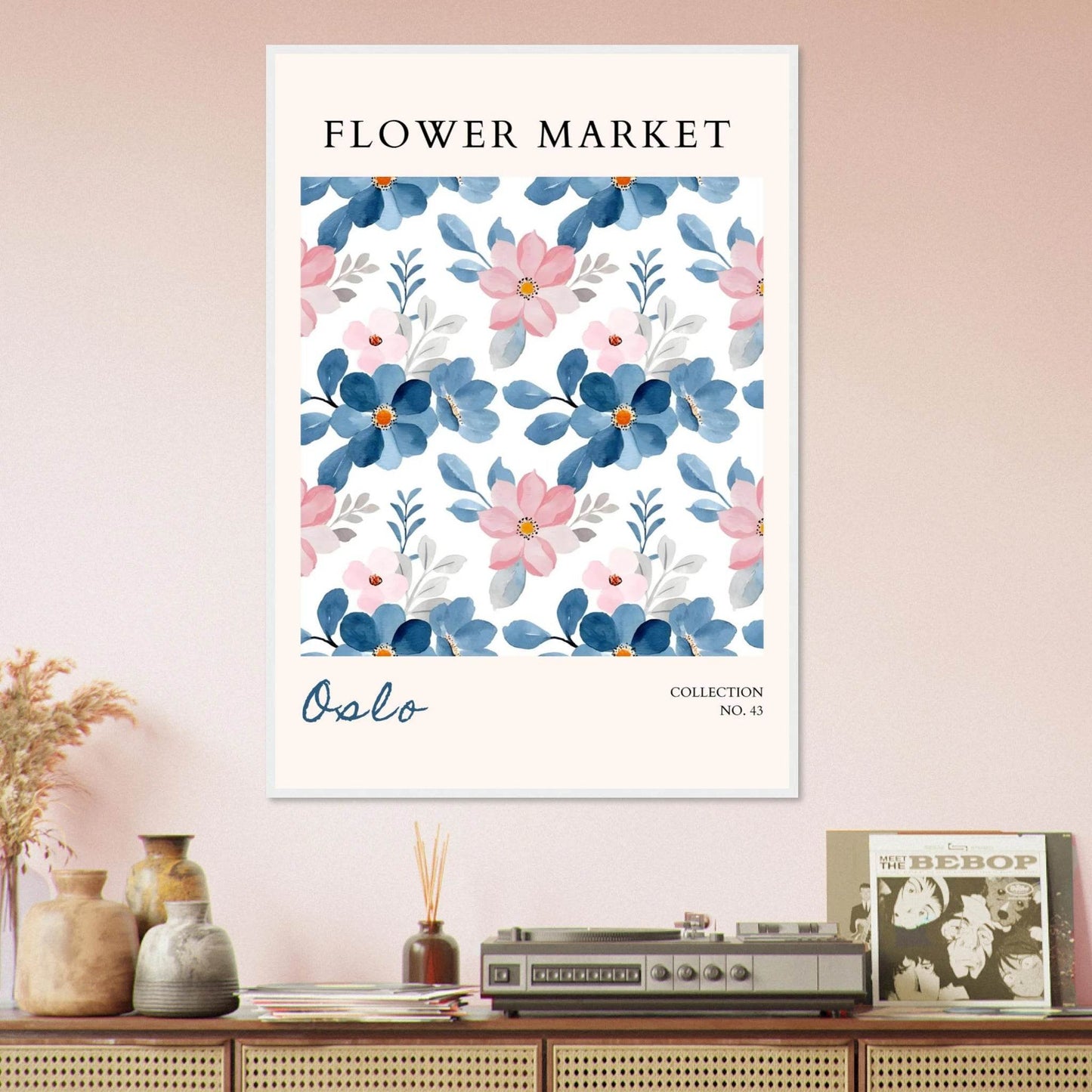 Oslo Flower Market Watercolor Blush Pink Ocean Blue - Wall Art - Vibrantwalls