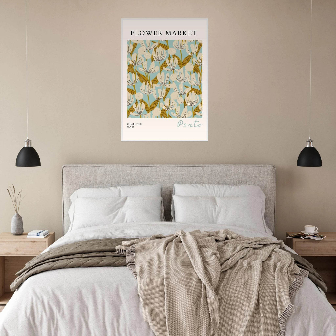 Flower Market Porto Abstract Floral Framed Poster | Calming Blue & Gold Botanical Art Print, Ready-to-Hang - Vibrantwalls