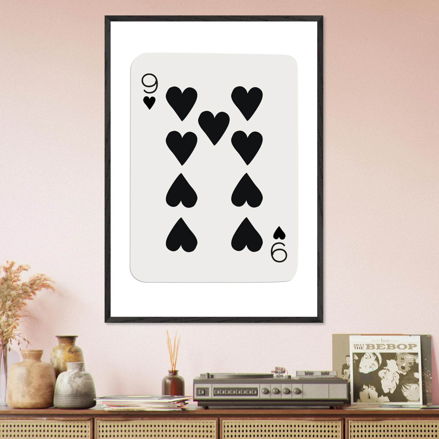Minimalist Nine of Hearts Poker Card Print - Mounted Framed Eco-Friendly Wall Art in Various Sizes & Frame Finishes - Vibrantwalls