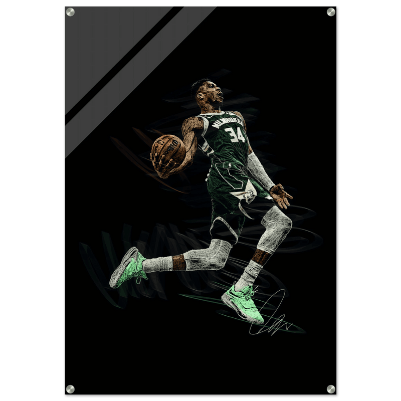 Giannis Antetokounmpo Milwaukee Bucks Acrylic Print – Dynamic NBA Art for Modern Spaces - Vibrantwalls
